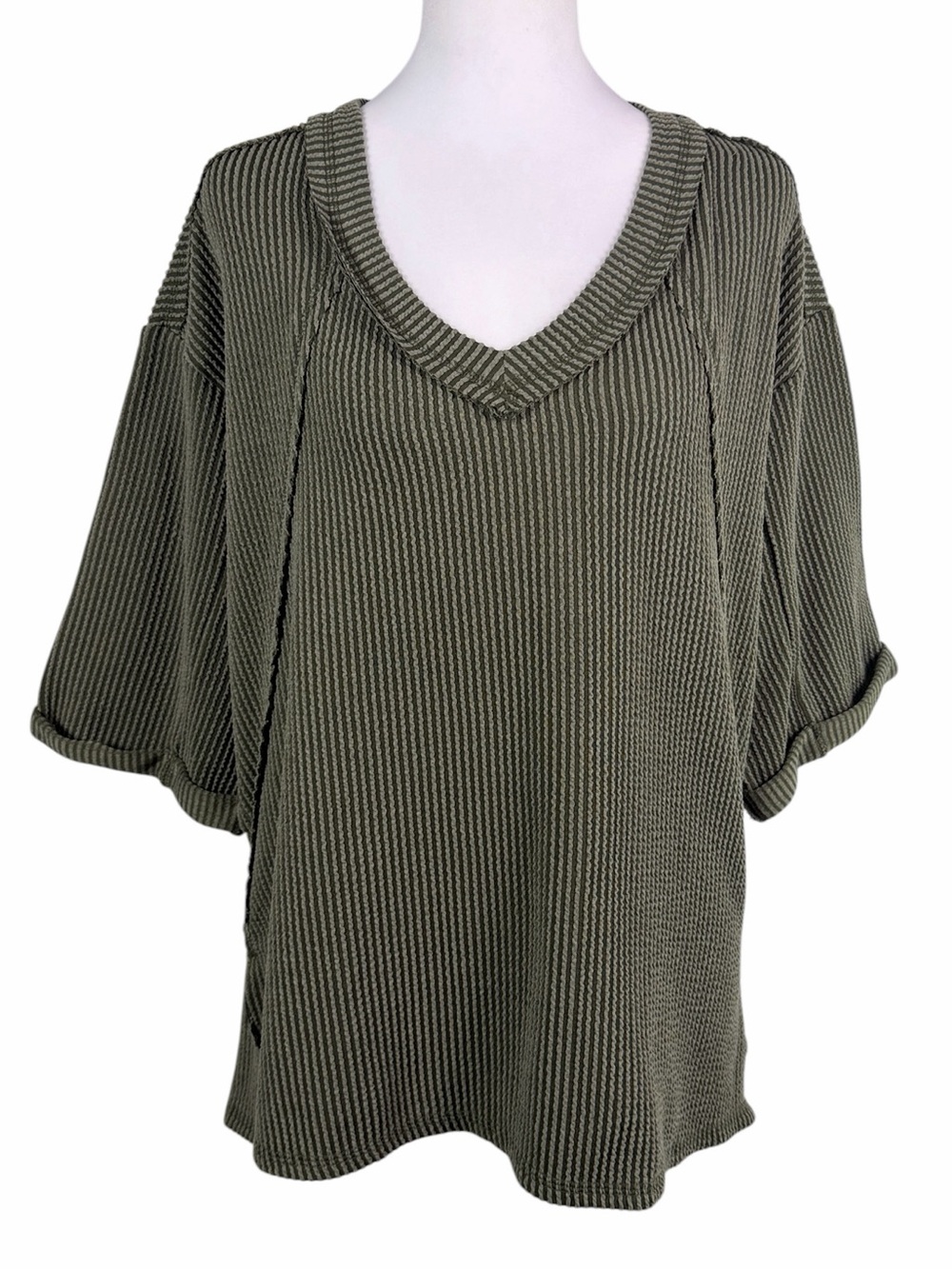 Zenana Outfitters Oversized Olive V-Neck Ribbed Knit Pullover Top size S-M Boho - Picture 1 of 10